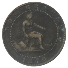 Монета 2 сентимо 1870 года Испания (аверс)