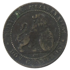 Монета 2 сентимо 1870 года Испания (реверс)