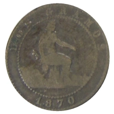 Монета 2 сентимо 1870 года Испания (аверс)