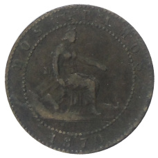 Монета 2 сентимо 1870 года Испания (аверс)
