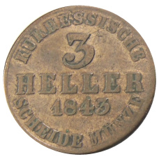 Монета 3 гелера 1843 года Германские государства — Гессен-Кассель (аверс)