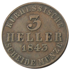 Монета 3 гелера 1843 года Германские государства — Гессен-Кассель (аверс)