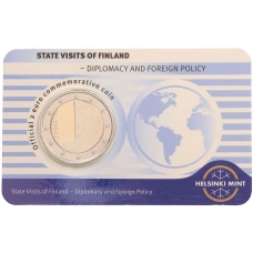 Монета 2 евро 2025 года Финляндия «Дипломатия и внешняя политика» (Синий блистер — надписи на лицевой стороне на английском) (аверс)