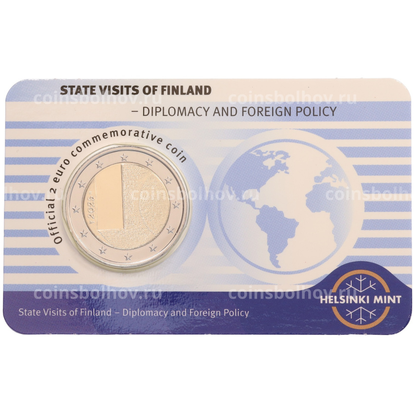 Монета 2 евро 2025 года Финляндия «Дипломатия и внешняя политика» (Синий блистер — надписи на лицевой стороне на английском)