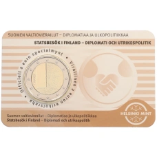Монета 2 евро 2025 года Финляндия «Дипломатия и внешняя политика» (Бежевый блистер — надписи на лицевой стороне на финском) (аверс)