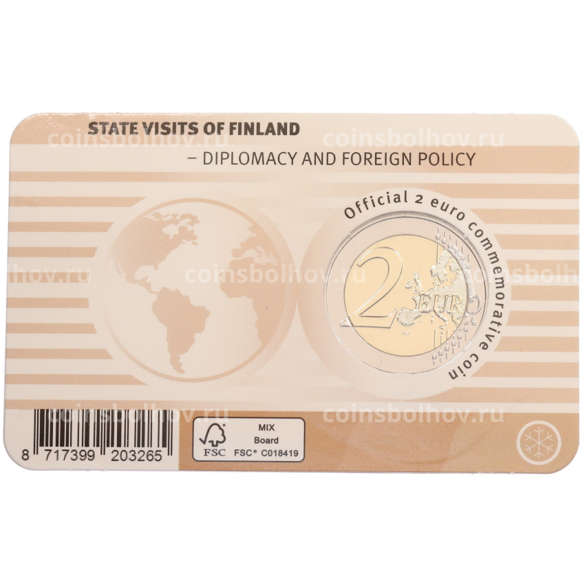 Монета 2 евро 2025 года Финляндия «Дипломатия и внешняя политика» (Бежевый блистер — надписи на лицевой стороне на финском) (вид 2)