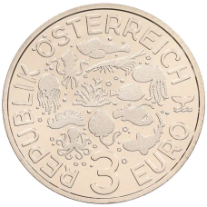 Монета 3 евро 2025 года Австрия «Светящаяся морская жизнь — Голожаберный моллюск» (реверс)