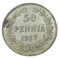 Монета 50 пенни 1917 года Русская Финляндия — Орел без корон (Временное правительство) (аверс)