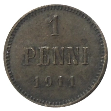 Монета 1 пенни 1911 года Русская Финляндия (аверс)