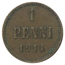Монета 1 пенни 1911 года Русская Финляндия (аверс)