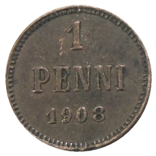 Монета 1 пенни 1908 года Русская Финляндия (аверс)