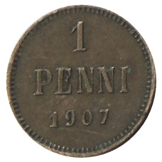 Монета 1 пенни 1907 года Русская Финляндия (аверс)