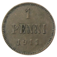 Монета 1 пенни 1911 года Русская Финляндия (аверс)