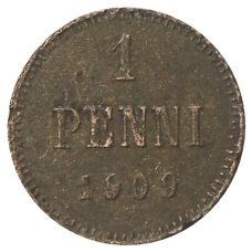 Монета 1 пенни 1909 года Русская Финляндия (аверс)
