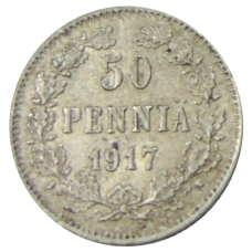 Монета 50 пенни 1917 года Русская Финляндия — Орел без корон (Временное правительство) (аверс)