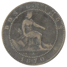 Монета 2 сентимо 1870 года Испания (аверс)