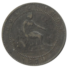 Монета 2 сентимо 1870 года Испания (аверс)