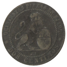 Монета 2 сентимо 1870 года Испания (реверс)