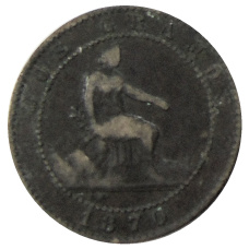 Монета 2 сентимо 1870 года Испания (аверс)