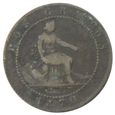 Монета 2 сентимо 1870 года Испания (аверс)