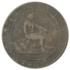 Монета 2 сентимо 1870 года Испания (аверс)