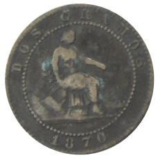Монета 2 сентимо 1870 года Испания (аверс)