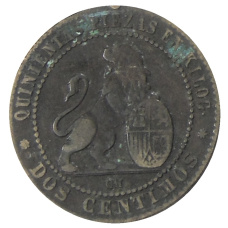 Монета 2 сентимо 1870 года Испания (реверс)