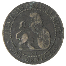 Монета 2 сентимо 1870 года Испания (реверс)