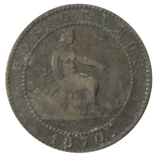 Монета 2 сентимо 1870 года Испания (аверс)