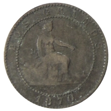 Монета 2 сентимо 1870 года Испания (аверс)