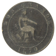 Монета 2 сентимо 1870 года Испания (аверс)