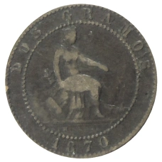 Монета 2 сентимо 1870 года Испания (аверс)