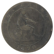 Монета 2 сентимо 1870 года Испания (аверс)