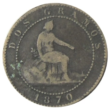Монета 2 сентимо 1870 года Испания (аверс)
