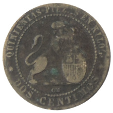 Монета 2 сентимо 1870 года Испания (реверс)