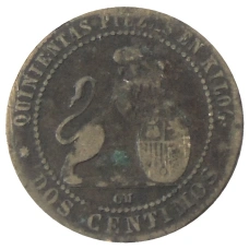 Монета 2 сентимо 1870 года Испания (реверс)