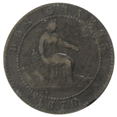 Монета 2 сентимо 1870 года Испания (аверс)