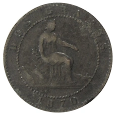 Монета 2 сентимо 1870 года Испания (аверс)
