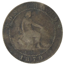 Монета 2 сентимо 1870 года Испания (аверс)