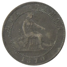 Монета 2 сентимо 1870 года Испания (аверс)