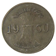 Монета 1 рейхспфенниг 1930 года А Германия (аверс)