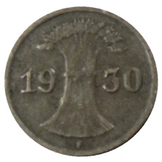 Монета 1 рейхспфенниг 1930 года F Германия (аверс)