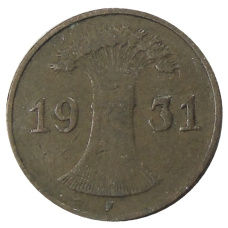 Монета 1 рейхспфенниг 1931 года F Германия (аверс)