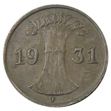 Монета 1 рейхспфенниг 1931 года F Германия (аверс)