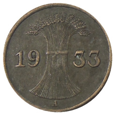 Монета 1 рейхспфенниг 1933 года A Германия (аверс)