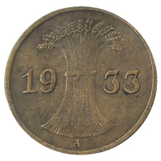 Монета 1 рейхспфенниг 1933 года A Германия (аверс)