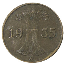 Монета 1 рейхспфенниг 1935 года A Германия (аверс)