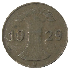 Монета 1 рейхспфенниг 1929 года D Германия (аверс)