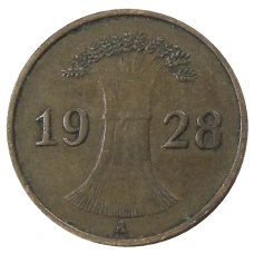 Монета 1 рейхспфенниг 1928 года A Германия (аверс)