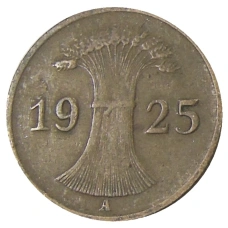 Монета 1 рейхспфенниг 1925 года A Германия (аверс)
